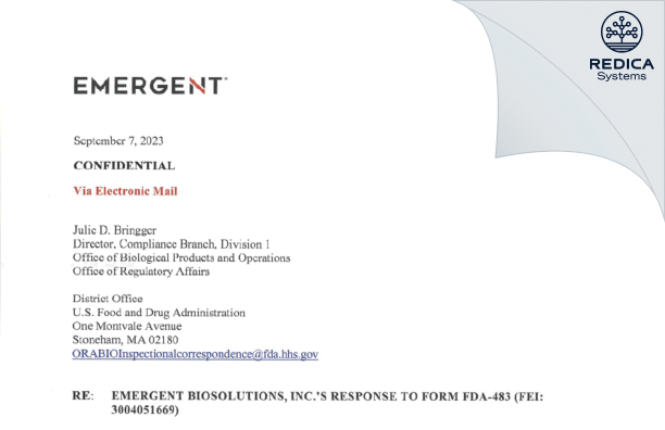 FDA 483 Response - Emergent Biodefense Operations Lansing LLC [Canton / United States of America] - Download PDF - Redica Systems