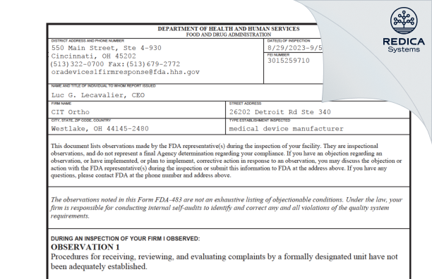 FDA 483 - CIT Ortho [Westlake / United States of America] - Download PDF - Redica Systems
