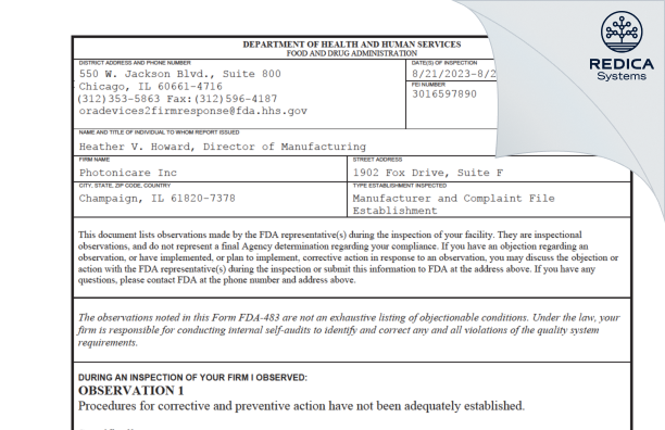 FDA 483 - Photonicare Inc [Champaign / United States of America] - Download PDF - Redica Systems