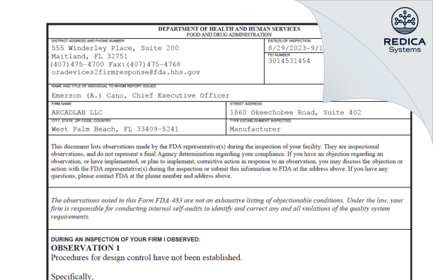 FDA 483 - ARCADLAB LLC [West Palm Beach / United States of America] - Download PDF - Redica Systems