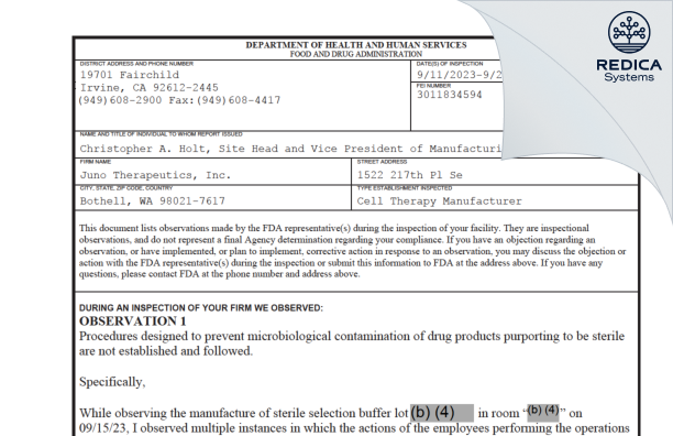 FDA 483 - Juno Therapeutics, Inc. [Bothell / United States of America] - Download PDF - Redica Systems