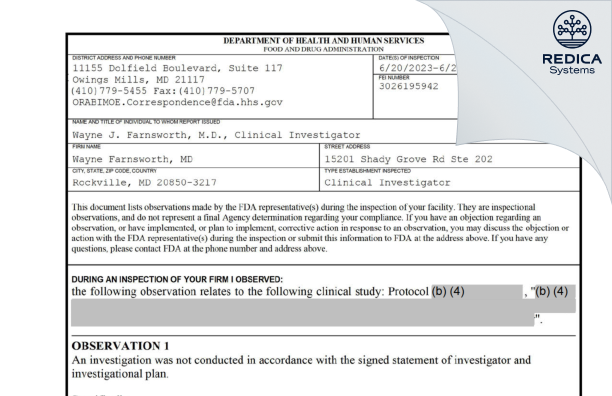 FDA 483 - Wayne Farnsworth, MD [Rockville / United States of America] - Download PDF - Redica Systems