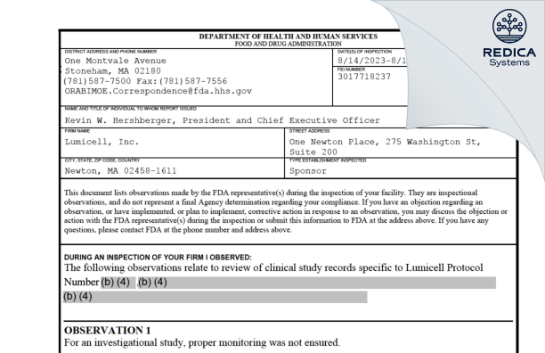 FDA 483 - Lumicell, Inc. [Newton / United States of America] - Download PDF - Redica Systems
