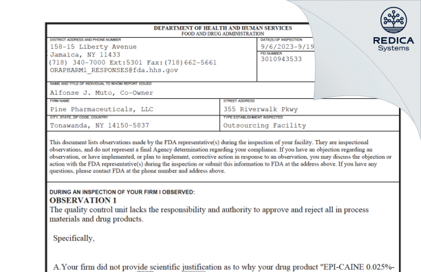 FDA 483 - Pine Pharmaceuticals, LLC [Tonawanda / United States of America] - Download PDF - Redica Systems