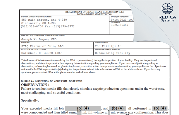 FDA 483 - STAQ Pharma of Ohio, LLC [Columbus / United States of America] - Download PDF - Redica Systems