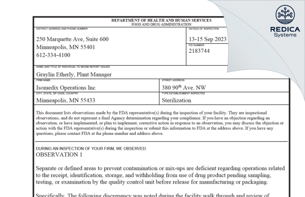 FDA 483 - Isomedix Operations Inc. [Minneapolis / United States of America] - Download PDF - Redica Systems