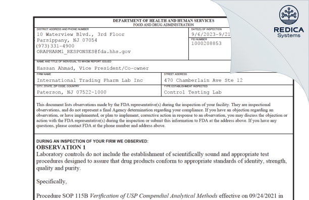 FDA 483 - International Trading Pharm Lab Inc [Paterson / United States of America] - Download PDF - Redica Systems