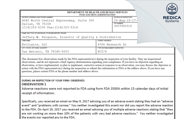 FDA 483 - Evologics, LLC [San Antonio / United States of America] - Download PDF - Redica Systems