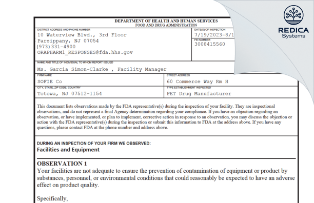 FDA 483 - SOFIE Co. dba SOFIE [Jersey / United States of America] - Download PDF - Redica Systems