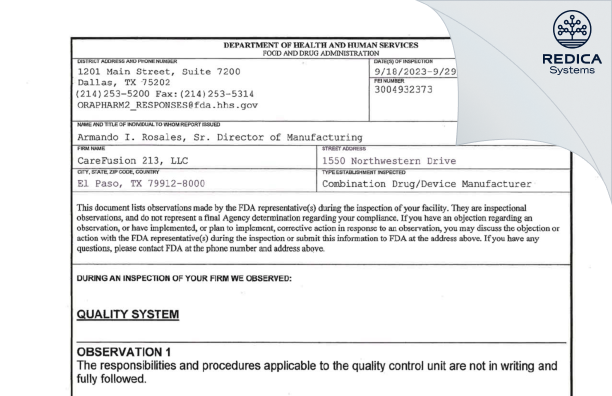 FDA 483 Response - CareFusion 213 LLC [El Paso / United States of America] - Download PDF - Redica Systems