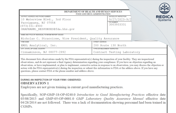 FDA 483 - EMSL Analytical, Inc. [Jersey / United States of America] - Download PDF - Redica Systems