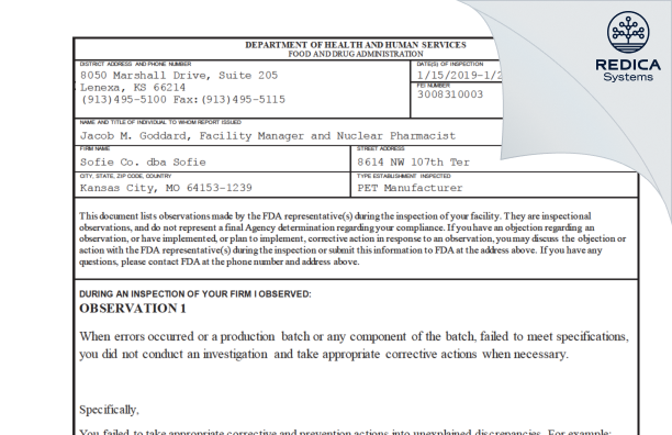 FDA 483 - SOFIE Co. dba SOFIE [Kansas City / United States of America] - Download PDF - Redica Systems