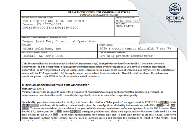 FDA 483 - PETNET SOLUTIONS, INC. [Phoenix / United States of America] - Download PDF - Redica Systems