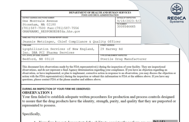 FDA 483 - Lyophilization Services Of New England, Inc. (LSNE) [Bedford / United States of America] - Download PDF - Redica Systems