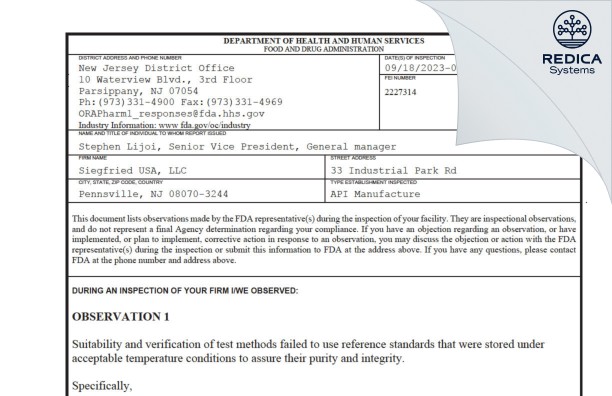 FDA 483 - Siegfried USA, LLC [Pennsville / United States of America] - Download PDF - Redica Systems