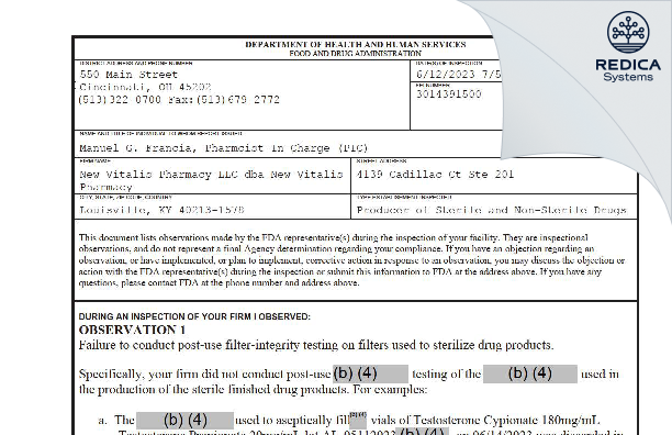 FDA 483 - New Vitalis Pharmacy LLC [Louisville / United States of America] - Download PDF - Redica Systems