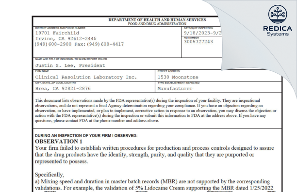 FDA 483 - Clinical Resolution Laboratory, Inc. [California / United States of America] - Download PDF - Redica Systems