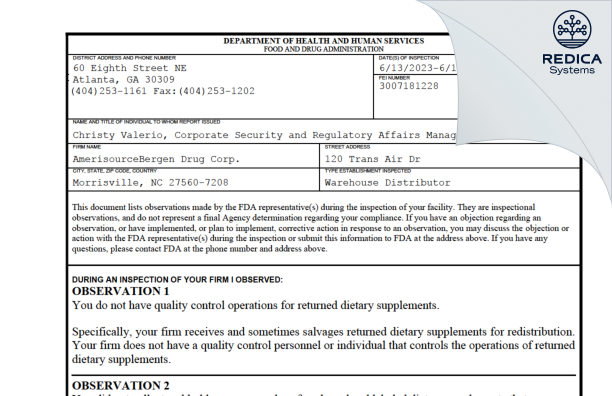 FDA 483 - AmerisourceBergen Drug Corp. [Morrisville / United States of America] - Download PDF - Redica Systems