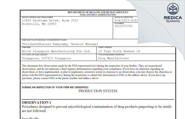 FDA 483 - Alcon Singapore Manufacturing Pte. Ltd. [Singapore / Singapore] - Download PDF - Redica Systems