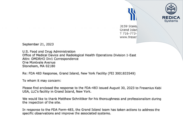 FDA 483 Response - Fresenius Kabi USA, LLC [York / United States of America] - Download PDF - Redica Systems