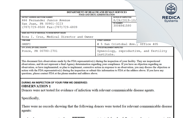 FDA 483 - GREFI [Ponce / United States of America] - Download PDF - Redica Systems