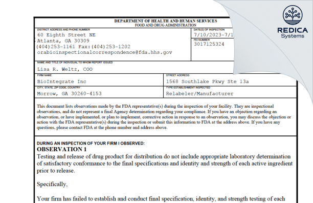 FDA 483 - BioIntegrate Inc [Morrow / United States of America] - Download PDF - Redica Systems