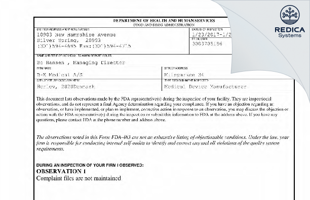 FDA 483 - B-K Medical A/S [Herlev / Denmark] - Download PDF - Redica Systems