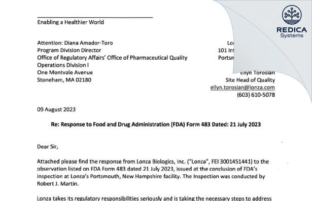 FDA 483 Response - Lonza Biologics, Inc. [Hampshire / United States of America] - Download PDF - Redica Systems