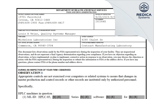 FDA 483 - Michelson Laboratories, Inc. [California / United States of America] - Download PDF - Redica Systems
