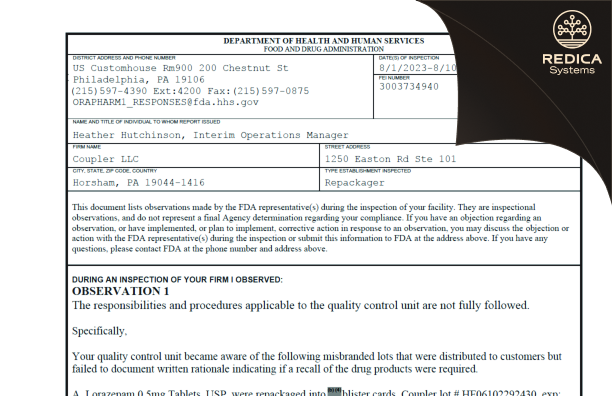 FDA 483 - Coupler Enterprises Inc. [Horsham Pennsylvania / United States of America] - Download PDF - Redica Systems