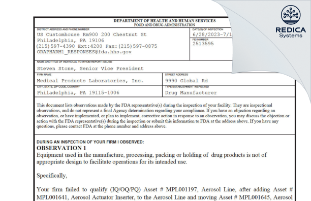 FDA 483 - Medical Products Laboratories, Inc. [Philadelphia / United States of America] - Download PDF - Redica Systems