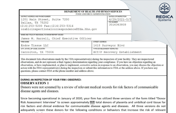 FDA 483 - Endow Tissue LLC [Carrollton / United States of America] - Download PDF - Redica Systems