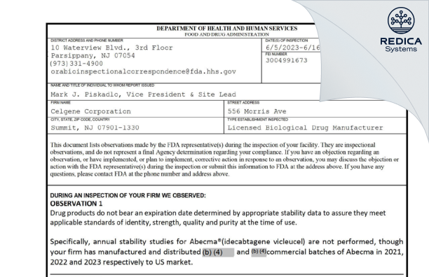 FDA 483 - CELGENE CORPORATION [Jersey / United States of America] - Download PDF - Redica Systems
