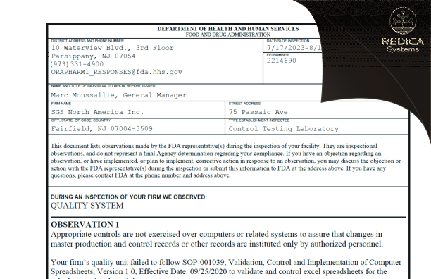 FDA 483 - SGS North America Inc. [Fairfield / United States of America] - Download PDF - Redica Systems