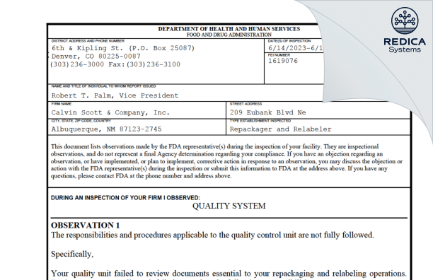 FDA 483 - Calvin Scott & Co., Inc. [Mexico / United States of America] - Download PDF - Redica Systems