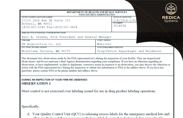 FDA 483 - HF Acquisition Co LLC [Mukilteo / United States of America] - Download PDF - Redica Systems
