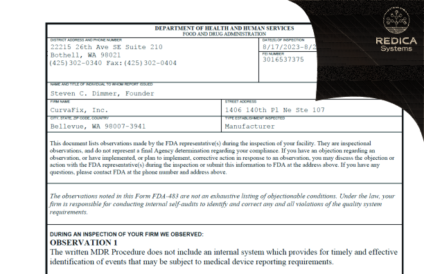 FDA 483 - CurvaFix, Inc. [Bellevue / United States of America] - Download PDF - Redica Systems