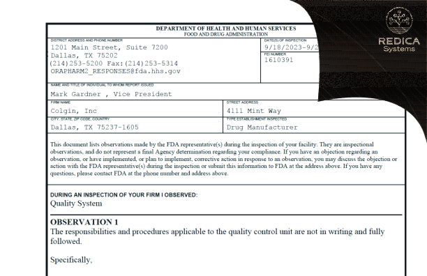 FDA 483 - Colgin Inc [Dallas / United States of America] - Download PDF - Redica Systems