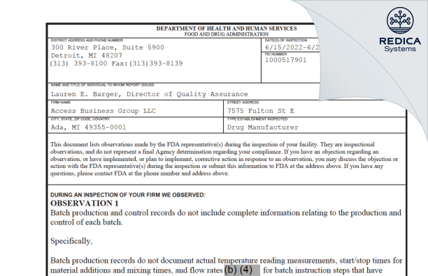 FDA 483 - Access Business Group LLC [Ada / United States of America] - Download PDF - Redica Systems
