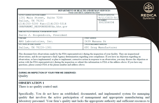 FDA 483 - ARG LABORATORIES INC [Dallas / United States of America] - Download PDF - Redica Systems