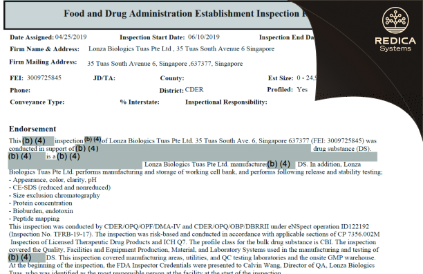 EIR - Lonza Biologics Tuas Pte Ltd. [Singapore / Singapore] - Download PDF - Redica Systems