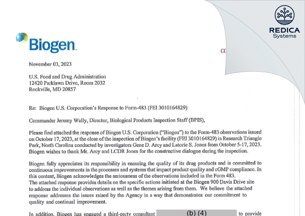 FDA 483 Response - Biogen U.S. Corporation [Research Triangle Park / United States of America] - Download PDF - Redica Systems
