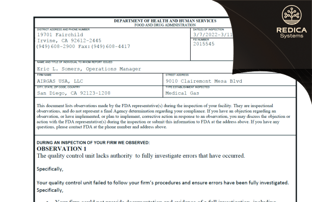 FDA 483 - Airgas Usa, LLC [San Diego / United States of America] - Download PDF - Redica Systems
