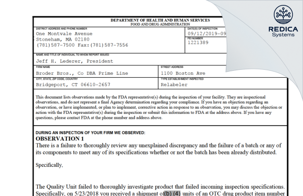 FDA 483 - Primeline [Bridgeport Connecticut / United States of America] - Download PDF - Redica Systems