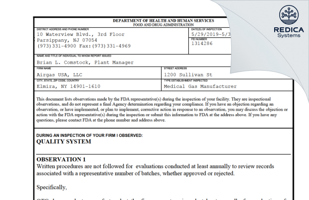 FDA 483 - Airgas Usa, LLC [York / United States of America] - Download PDF - Redica Systems