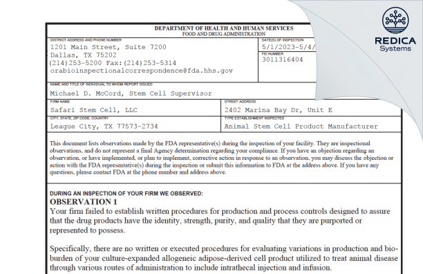 FDA 483 - Safari Stem Cell, LLC [League City / United States of America] - Download PDF - Redica Systems