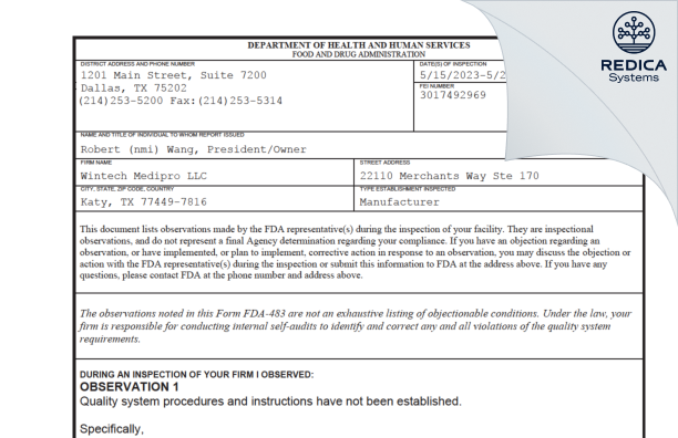 FDA 483 - Wintech Medipro LLC [Katy / United States of America] - Download PDF - Redica Systems