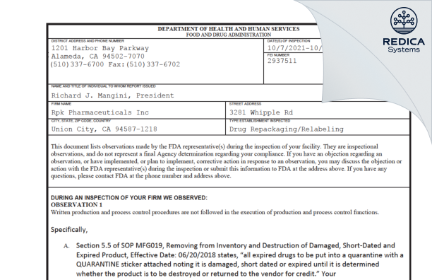 FDA 483 - RPK Pharmaceuticals, Inc. [Union City / United States of America] - Download PDF - Redica Systems