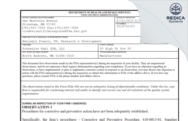 FDA 483 - Fresenius Kabi USA, LLC [North Andover / United States of America] - Download PDF - Redica Systems
