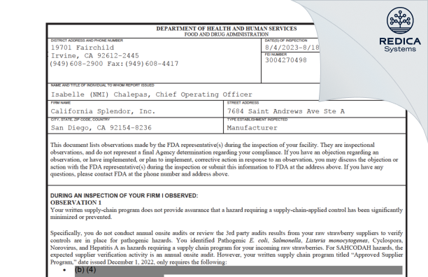 FDA 483 - California Splendor, Inc. [San Diego / United States of America] - Download PDF - Redica Systems